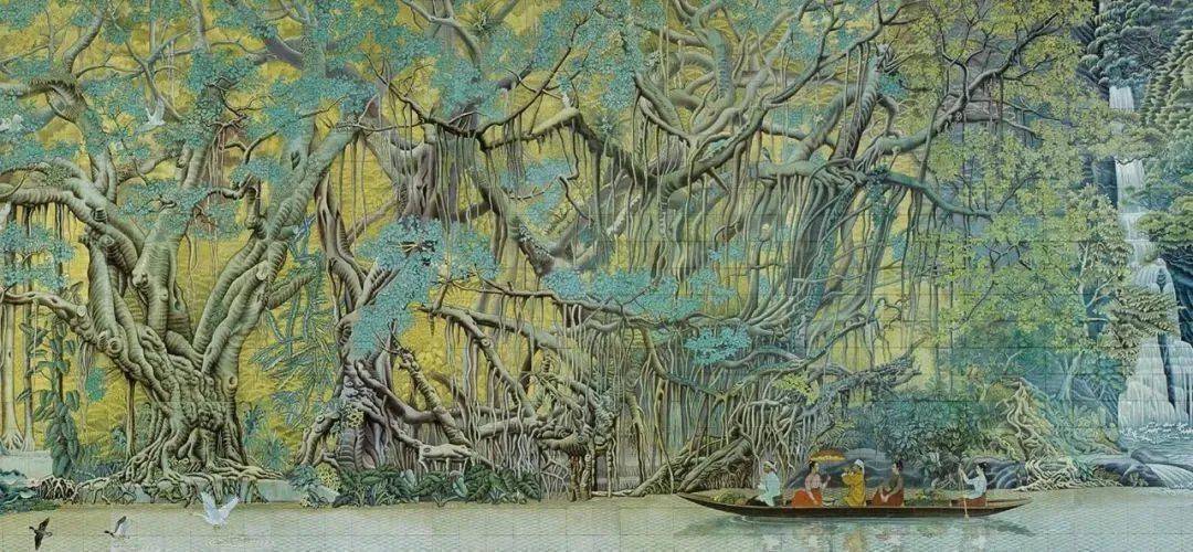 他在首都机场留下了巨幅壁画《森林之歌》,宽银幕式展开西双版纳的