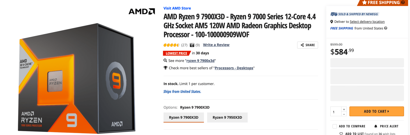 AMDR9 7900X3D 处理器的海外售价有所下调    降到 585 美元