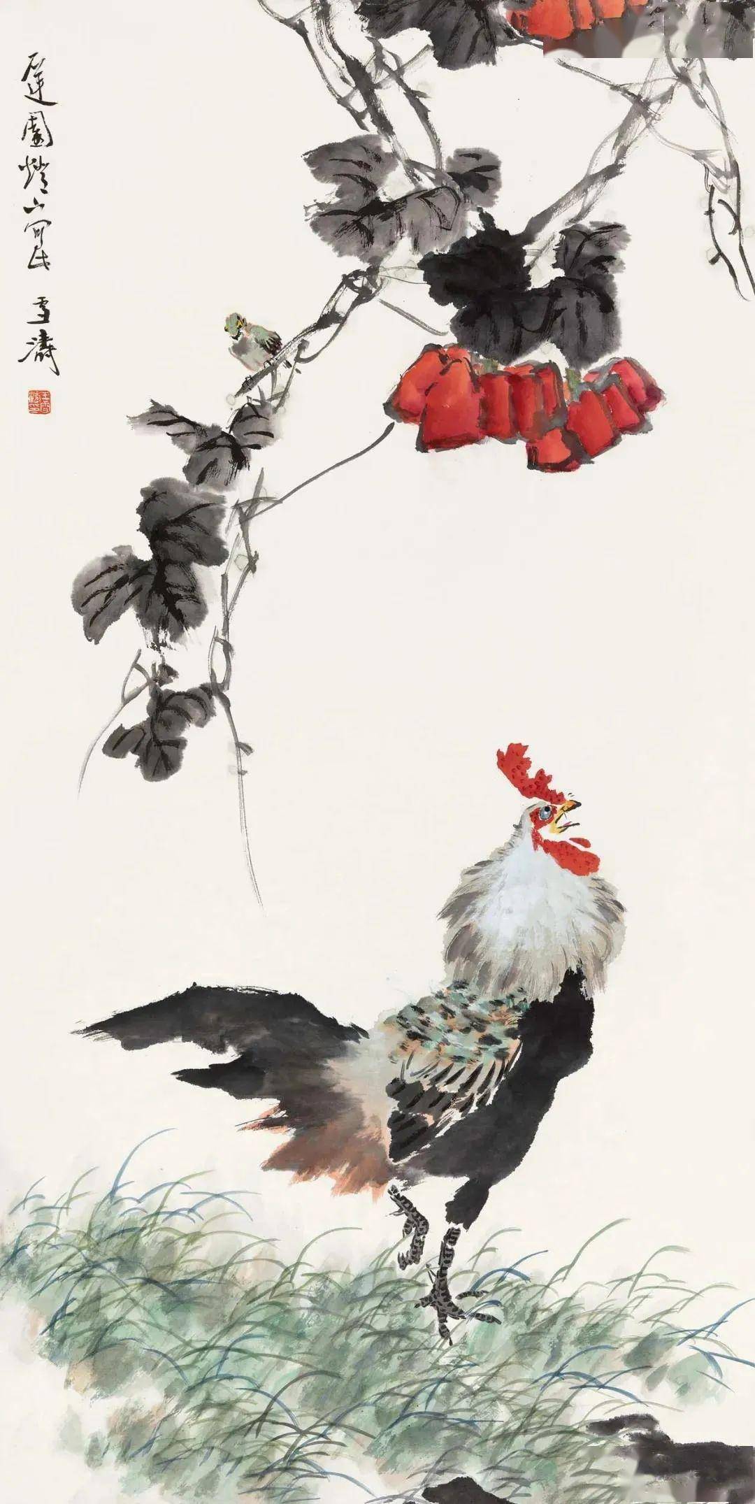 小写意画鸡，真精神！_色彩_王雪涛_笔墨 