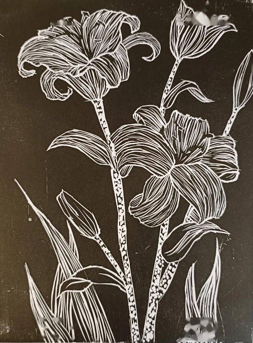 黑白木刻版画简单花朵图片