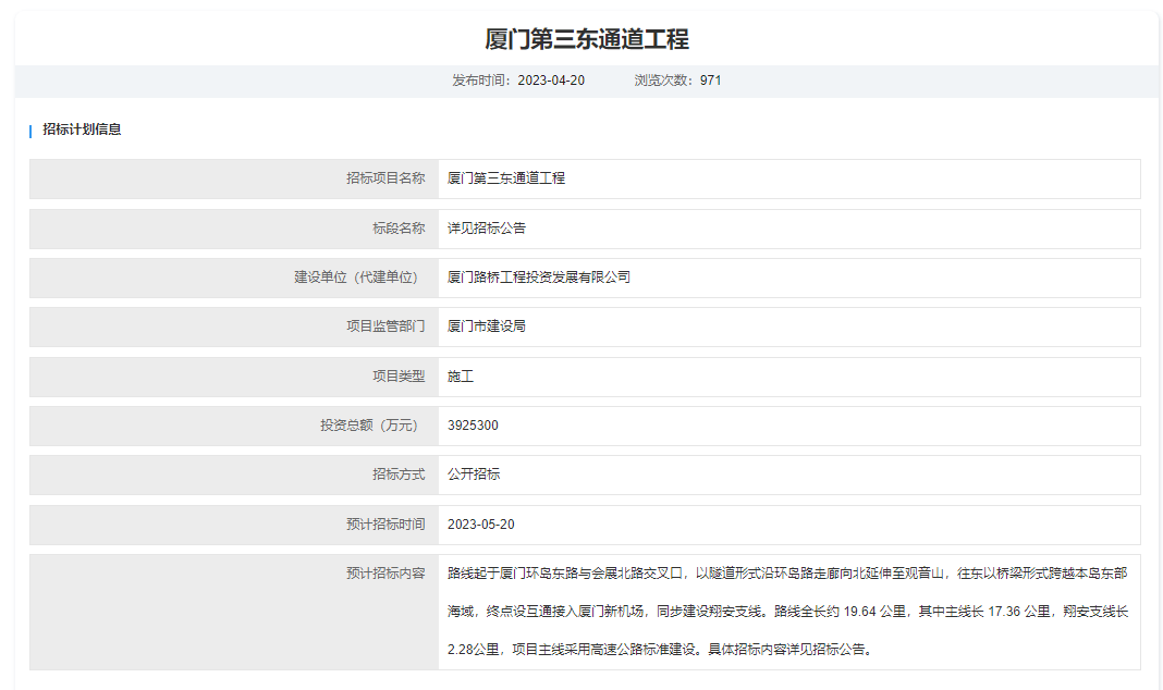 快开工了！厦门第三东通道启动施工招标！建设项目主线 