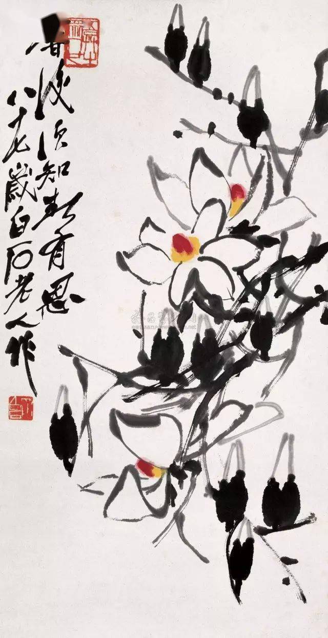 齐白石作初春皎洁玉兰花,九瓣花冠肥且大.