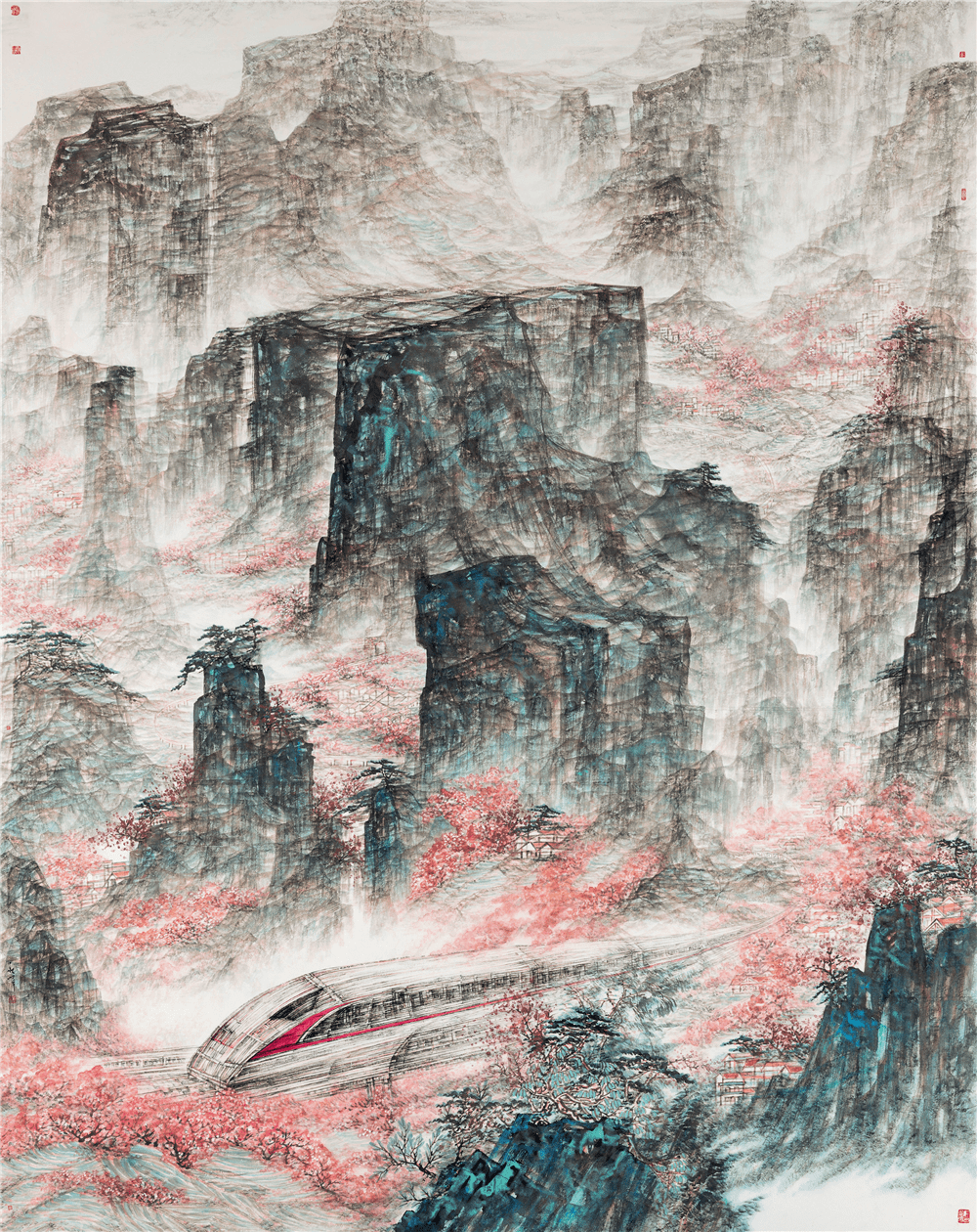 戴淑娟 高铁进山啦 中国画 250cm×200cm 山东魏葵