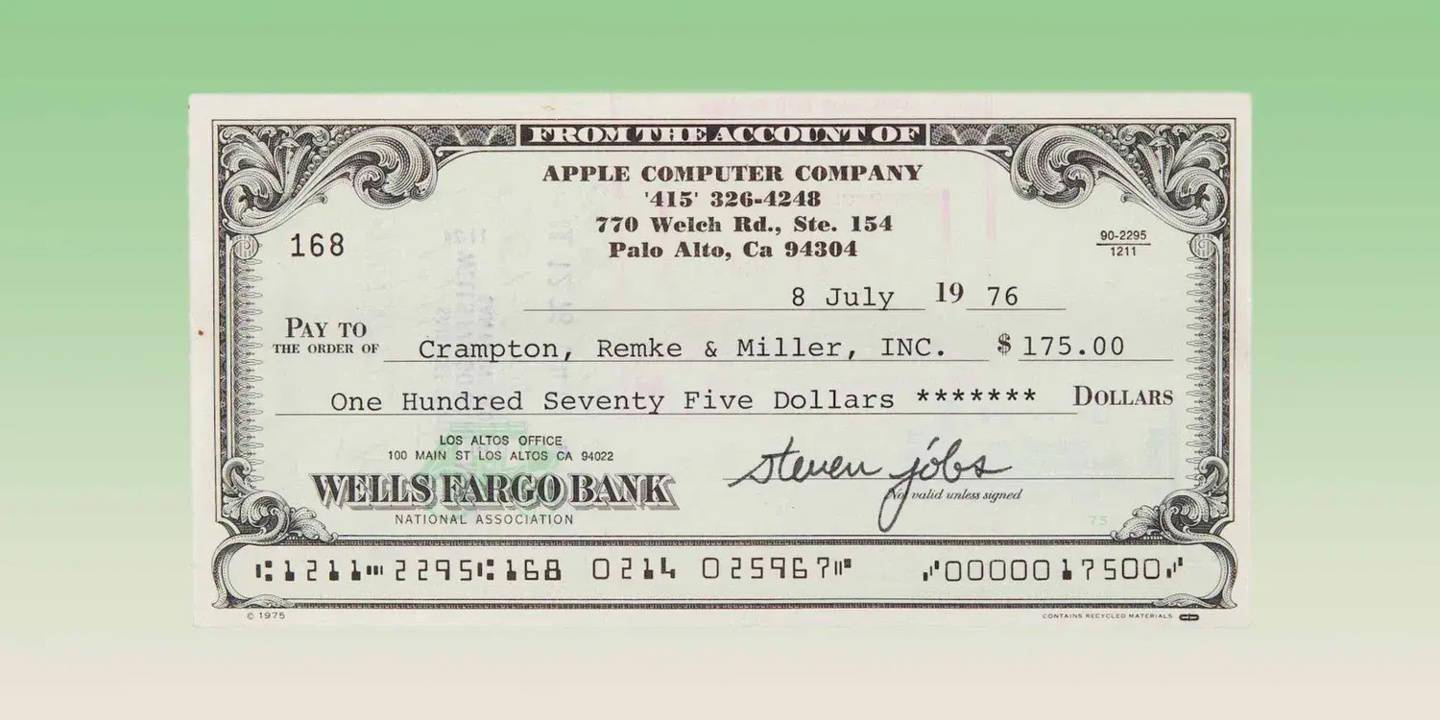 乔布斯于1976年亲笔签名支票被公开拍卖 最终成交价为106985美元