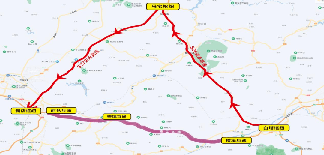 s28台金高速白塔枢纽→s26诸永高速→马宅枢纽→s27东永高速→新店