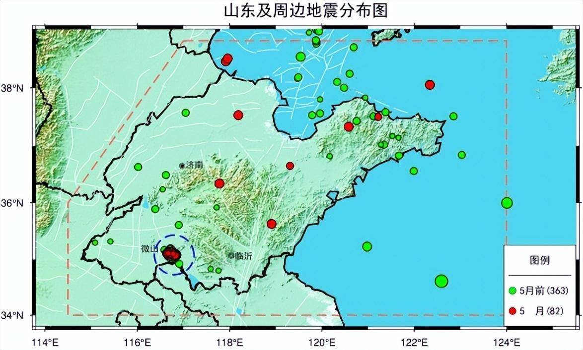 圖3 本年度山東及周邊地震分佈圖5月份,山東臺網共記錄到山東及周邊