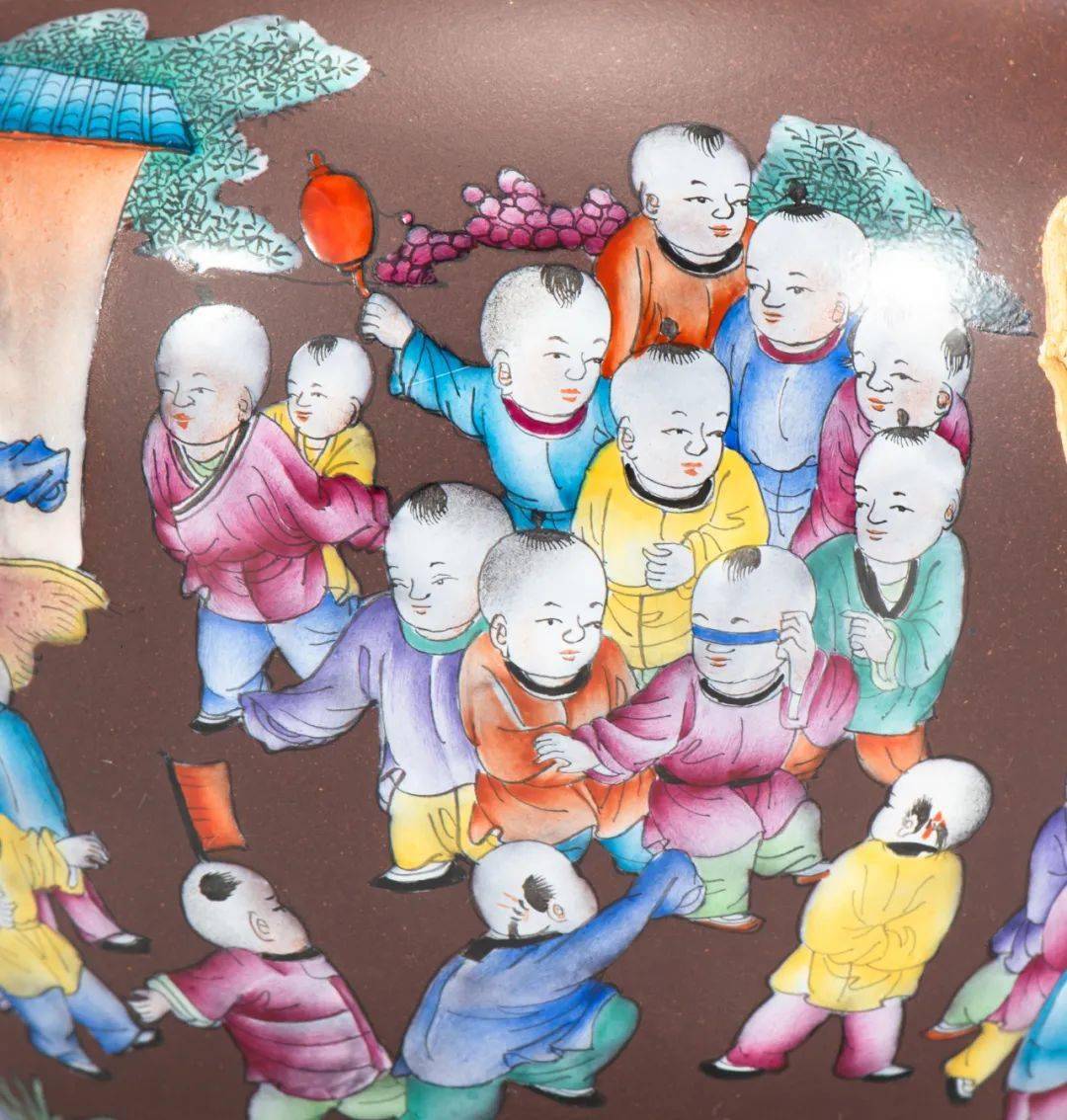 紫韵天成 · 2023春拍 | 许冠新 · 吴经提梁 - 百子送福_紫砂_艺术