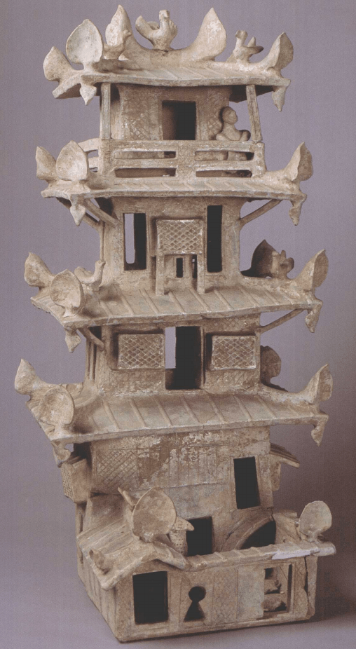 河南出土汉代建筑明器99五层绿釉陶望楼(陕县)_菱格_长方形_叶形