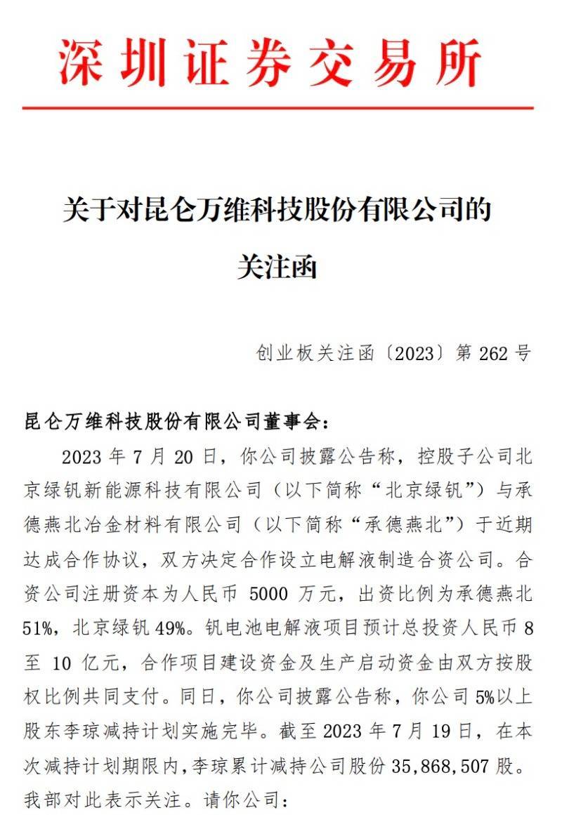aigc概念股昆仑万维押注钒电池,深交所发函追问合理性_公司_李琼_合作