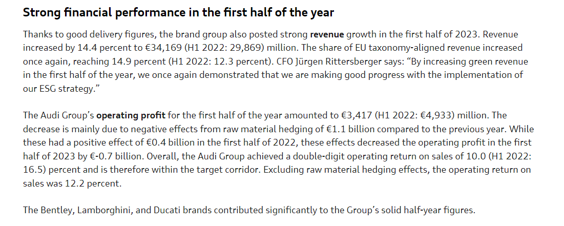 奥迪集团上半年销售收入342亿欧元 营业利润为34.17亿欧元