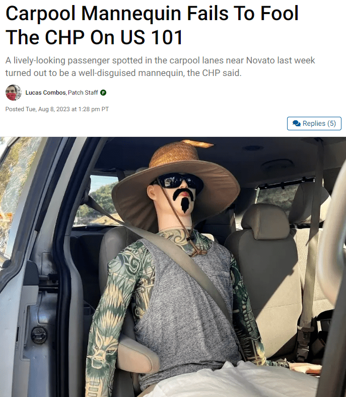 车内摆假人混入hov车道被拦!