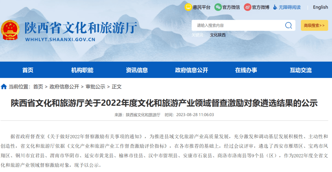 我省2022年度文化和旅游产业领域督查拟激励对象公示|佳县榜上有名_督察