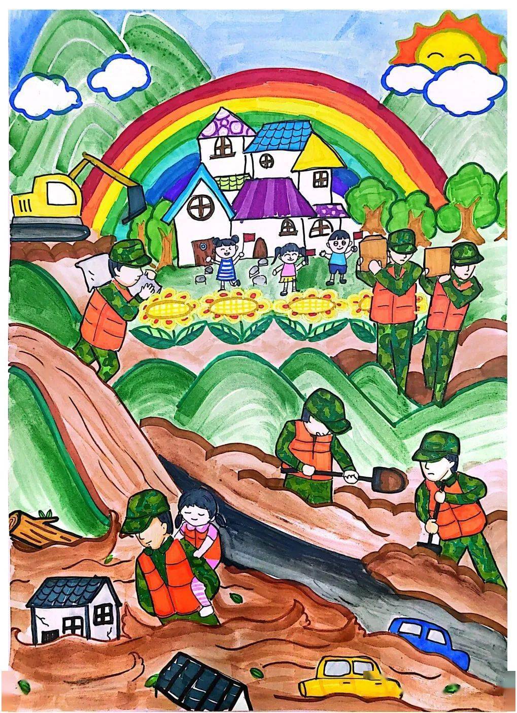 京西学子用画笔向抗洪救灾英雄致敬(二)_人民_救援_风雨