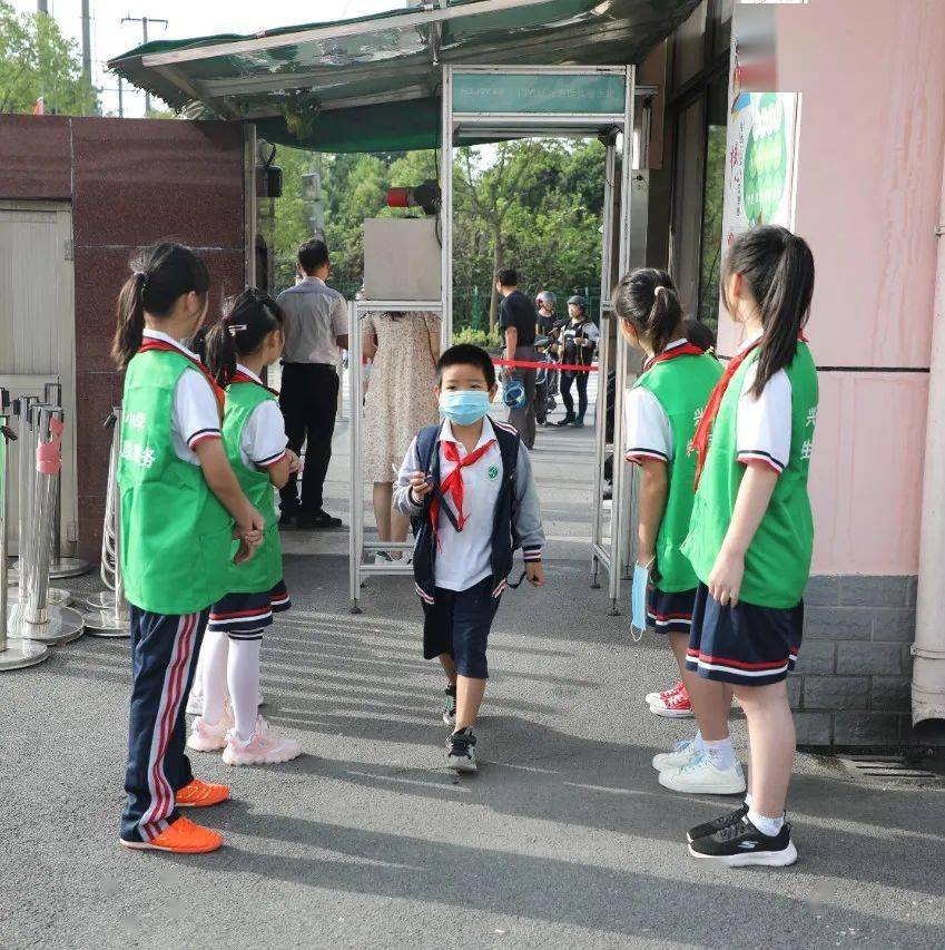 早上7点,在兴塔小学校门口,两排"绿马甲"——迎新学生志愿者成了开学