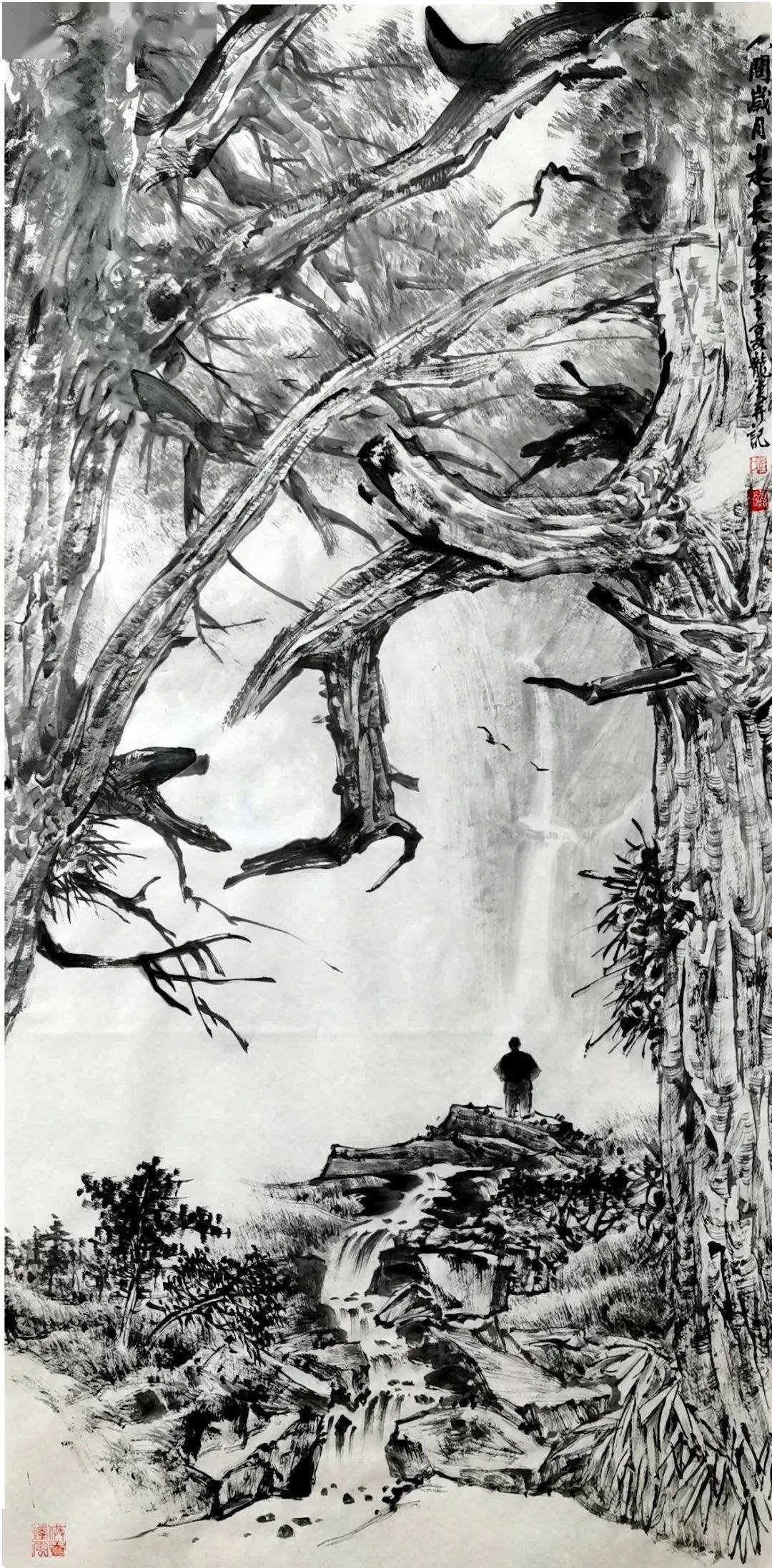 天立地,汉柏雄风三国鼎立柏——彭龙溪国画作品翠云细雨润心田彭龙溪