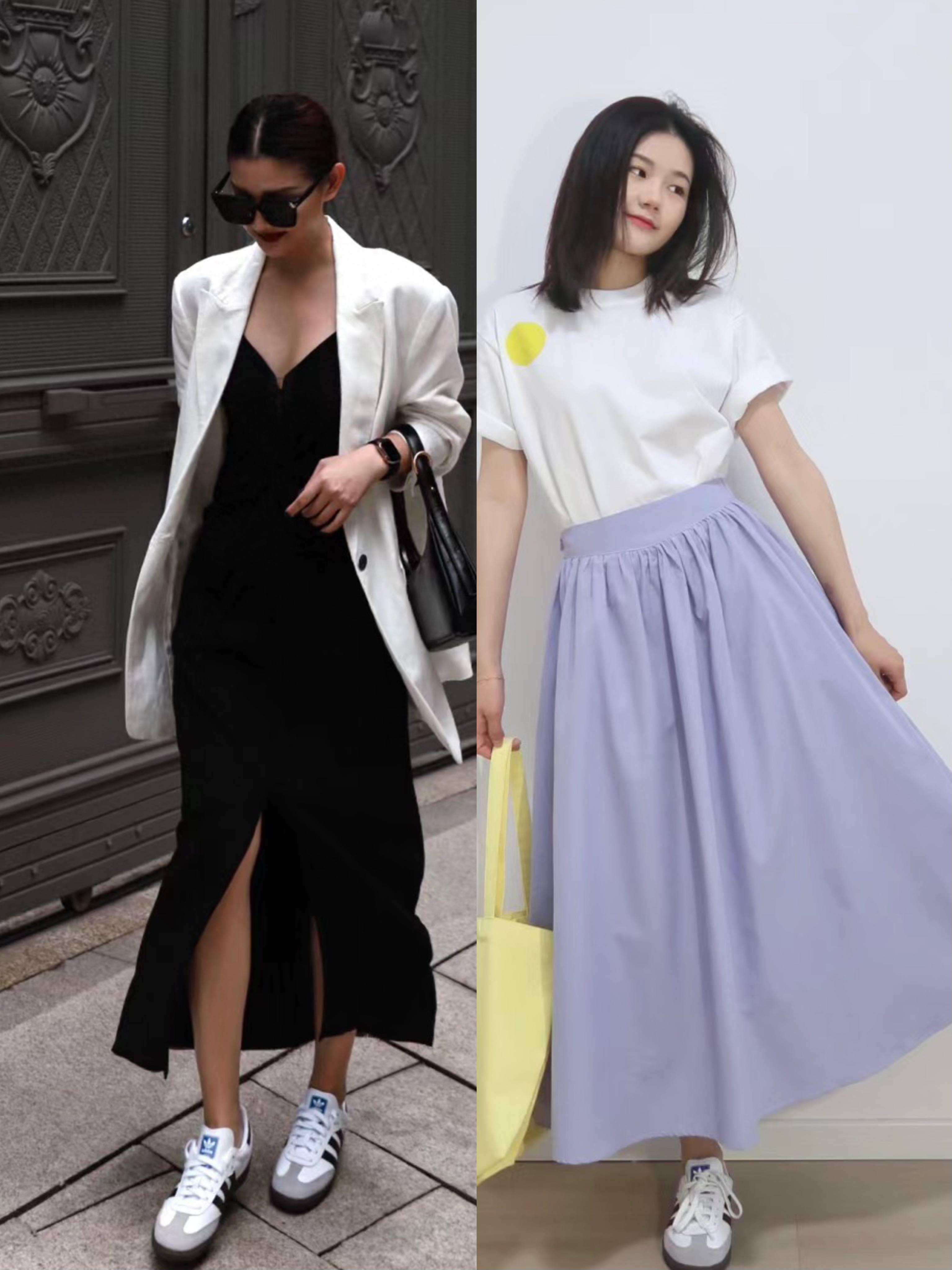 德训鞋与裙装的搭配,也没有一点违和.