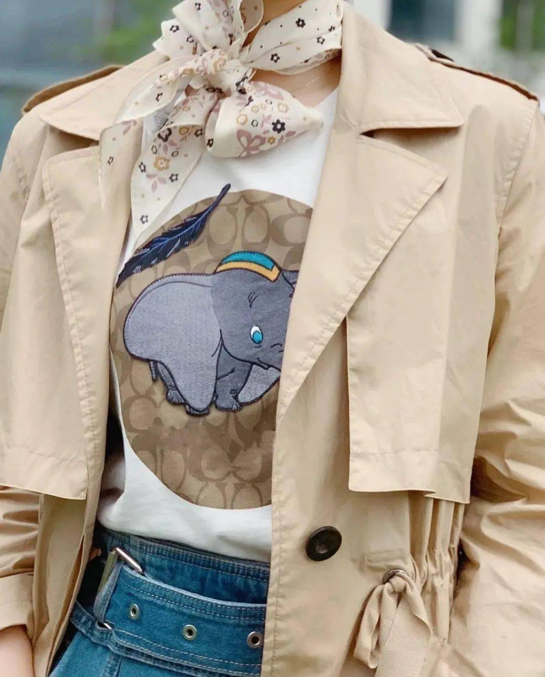 是coach经典标志老花打底,看着很有层次,胸口的小飞象刺绣也很显质感