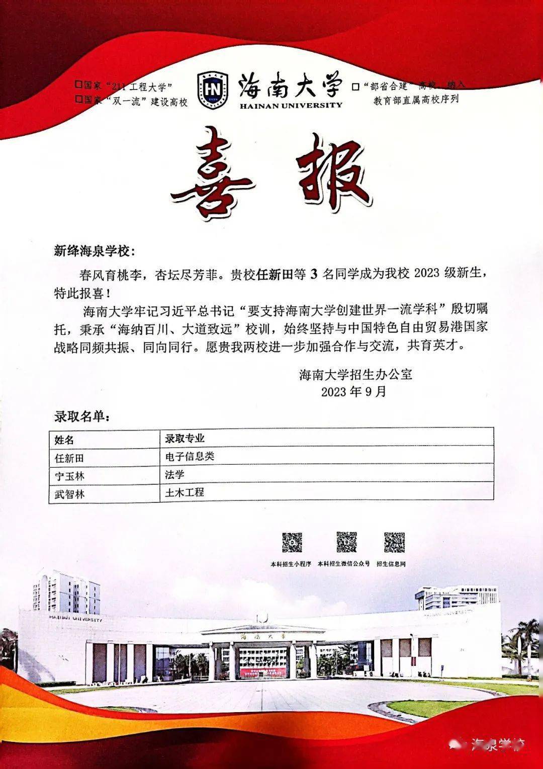 我校多年来海泉学校取得的优异成绩祝贺在2023年高考中向我校发来喜报