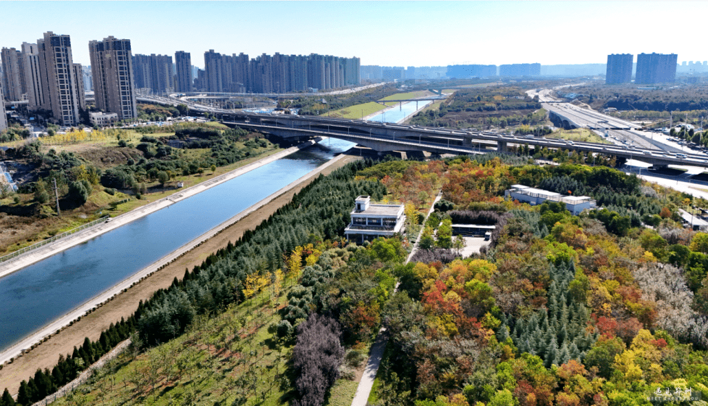 大道交叉口的南水北调生态公园内阳光照射大地如一个色彩斑斓的童话