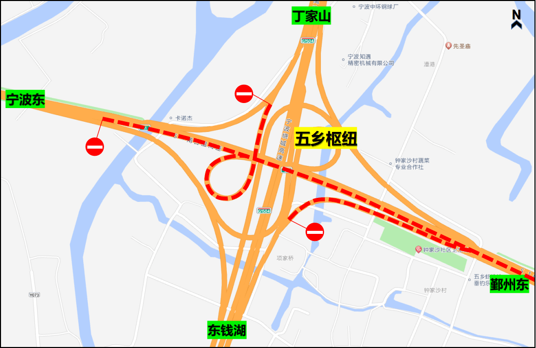 圖▲)繞行方案01往北侖方向的車輛可自五鄉樞紐轉g1504寧波繞城高速