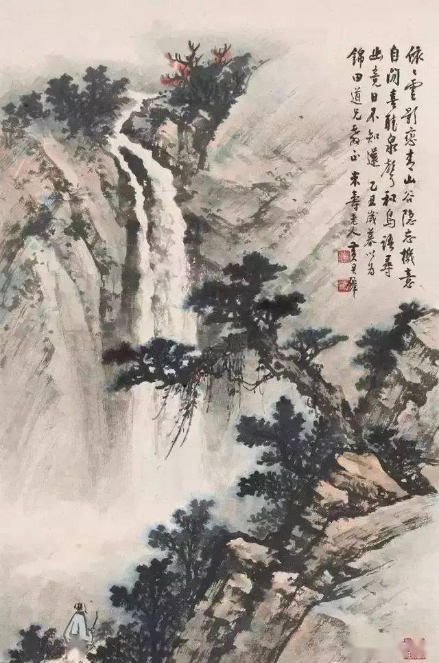 国立博物館旧藏山水画黄君璧高崖飞瀑轴 赏三位大师的云水瀑布，大气_搜狐网