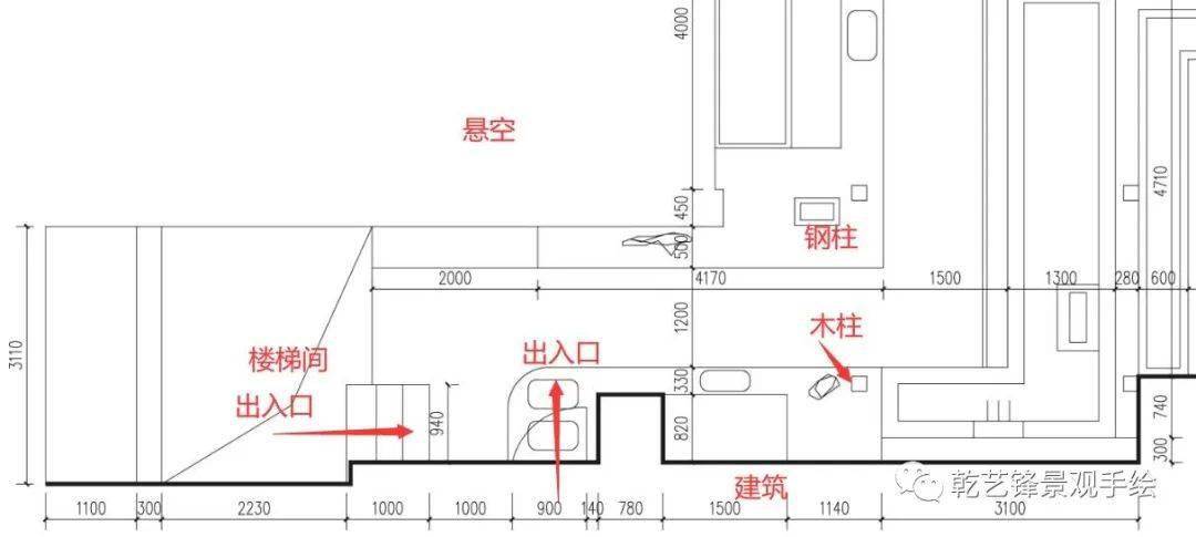 cad裡測了一下場地為155平左右,頂樓鋼構架的屋頂,場地情況還是很複雜