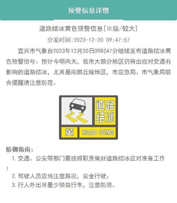 繼續發佈,道路結冰黃色預警信號!_宜興市_市氣象局