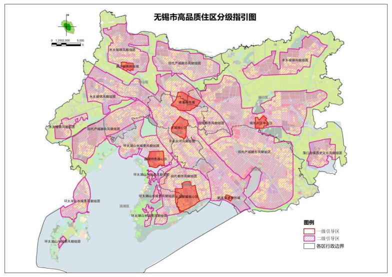 打開無錫市高品質住區分級指引圖,不難發現,幾乎每個行政區都有一塊一