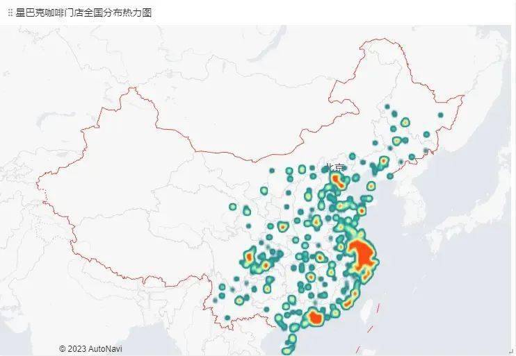 通過星巴克門店熱力圖也能看到,紅色高密度區主要集中在沿海地區,內陸